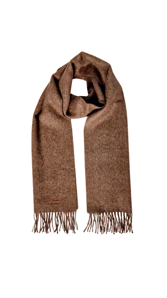 Chocolate Brown Undyed medium weight 100% baby alpaca scarf for women and men. Includes complimentary personlisation. Sustainable Luxury designer scarf