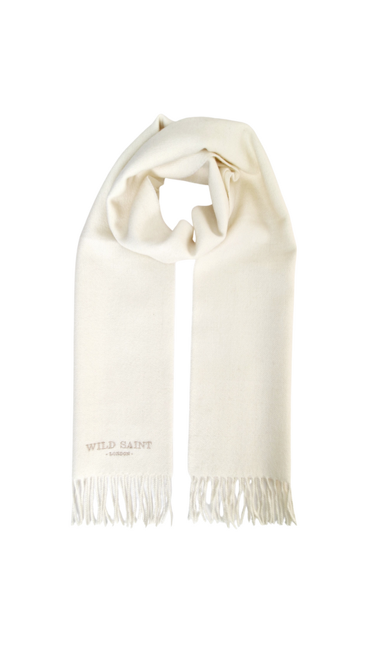 Cloud White medium weight 100% baby alpaca scarf for women and men. Includes complimentary personlisation. Sustainable Luxury designer scarf